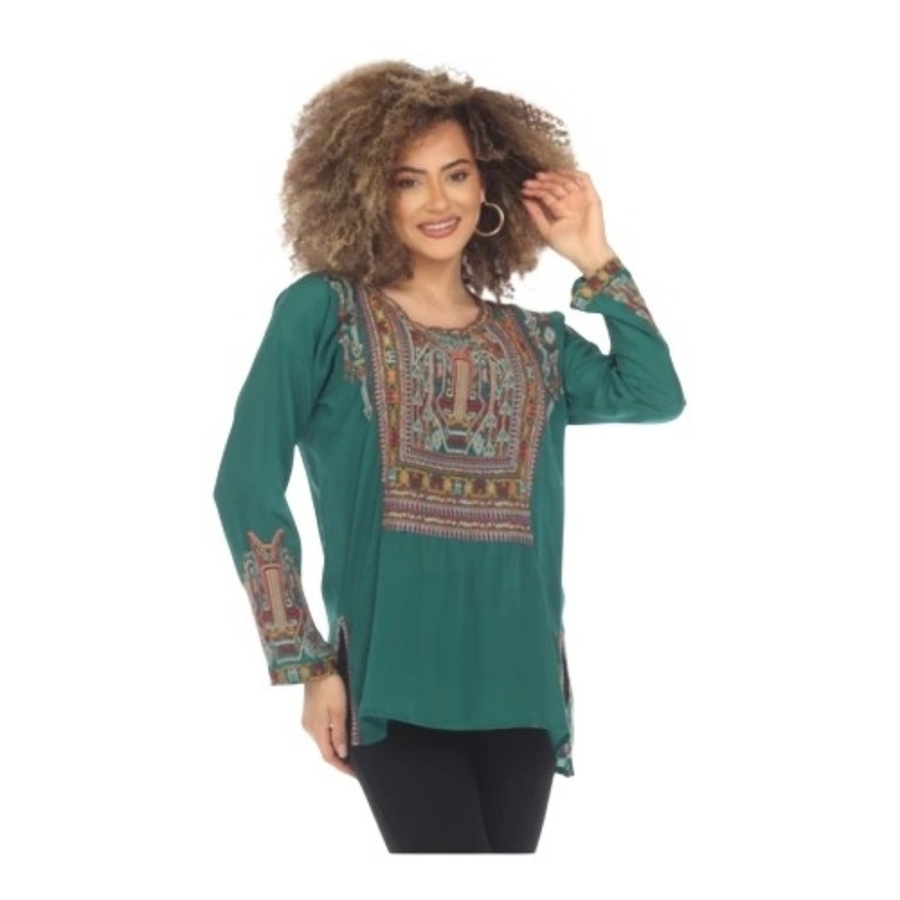 Johnny Was Biya Jaina Forest Pine Silk Embroidered Blouse Boho Top Size Small